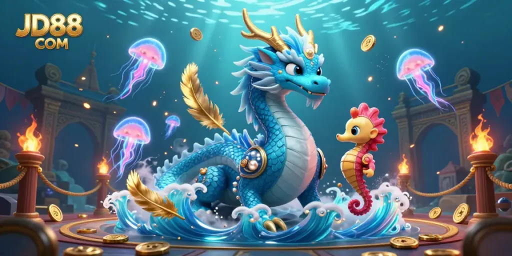 Catch the excitement of JD88 COM with a stunning 3D illustration featuring a mighty dragon and dynamic casino elements.