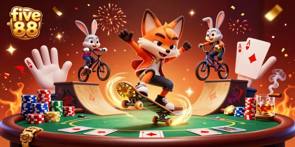 Experience the excitement of five 88 with a skateboarder fox and BMX rabbit amid vibrant casino elements.
