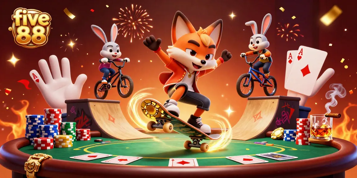 Experience the excitement of five 88 with a skateboarder fox and BMX rabbit amid vibrant casino elements.