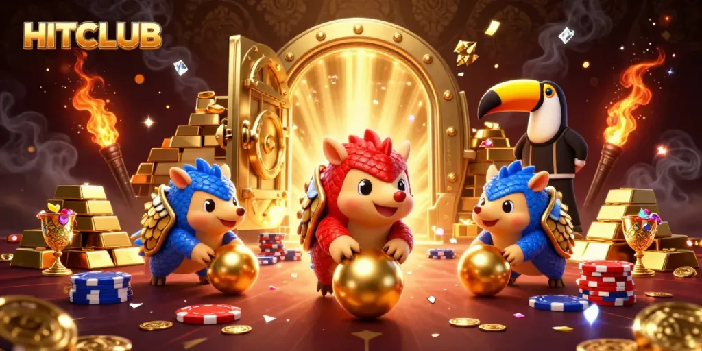 Engaging scene featuring HITCLUB pangolins in an exciting gambling-themed game environment with poker chips and treasure.