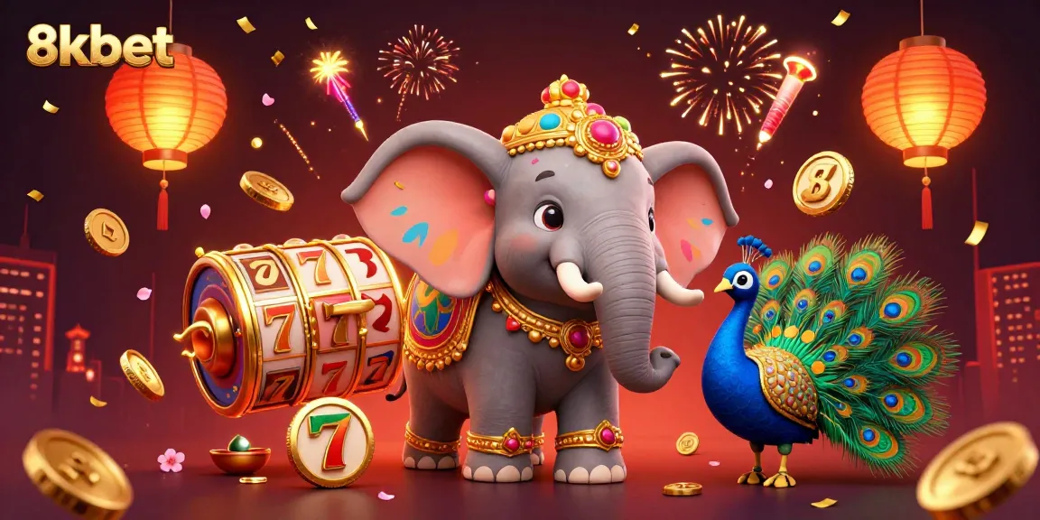 8kbet brings excitement with a colorful 3D illustration showcasing diverse gaming elements like slot reels and lucky symbols.