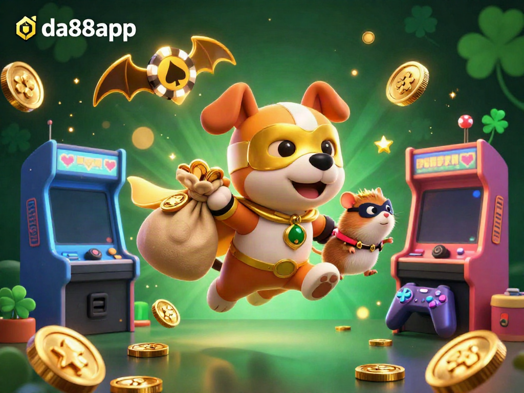 Engage in thrilling gaming with da88app, featuring a heroic dog and hamster in a vibrant casino scene.