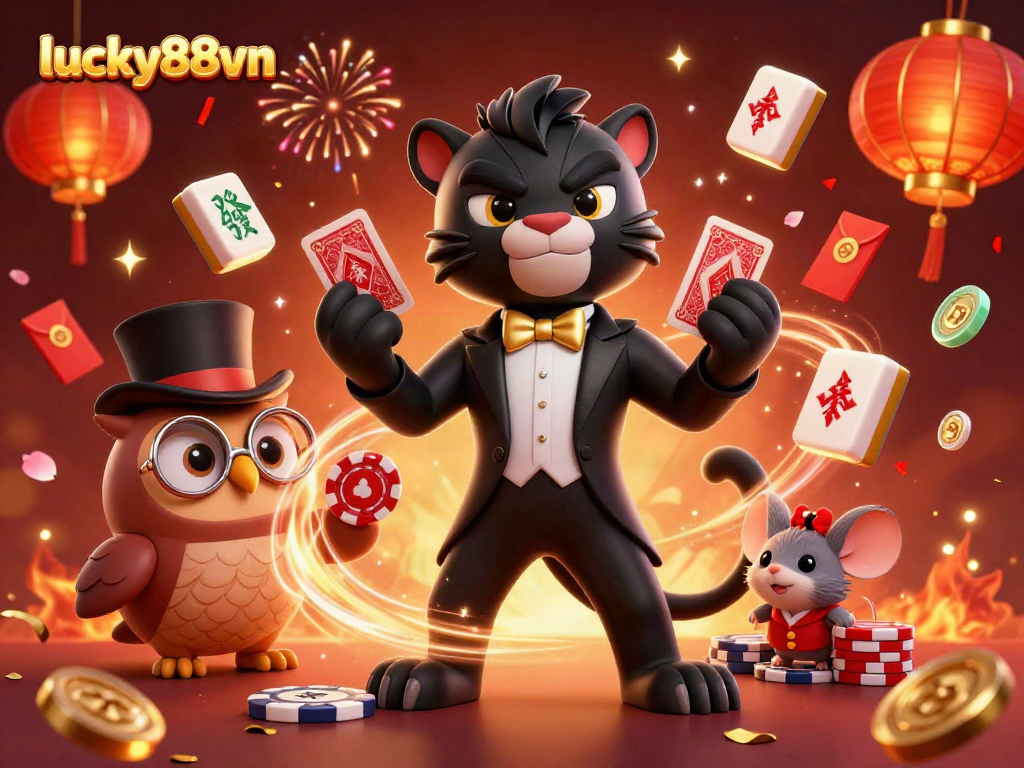 Engage with thrilling gaming at lucky88vn featuring a panther dealer, owl, and lucky mouse amid vibrant casino elements.