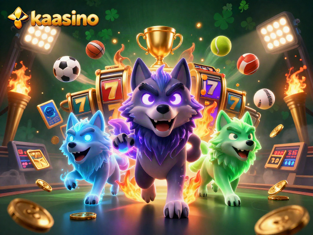 Kaasino offers a vibrant 3D scene featuring a shadow wolf leader and gaming elements like slots reels and trophies.