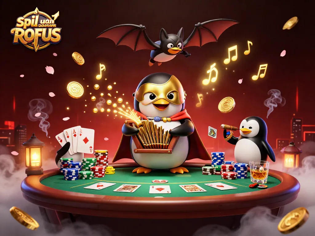Engage in thrilling gambling at spil uden om ROFUS with immersive cartoon scene featuring a penguin organist.