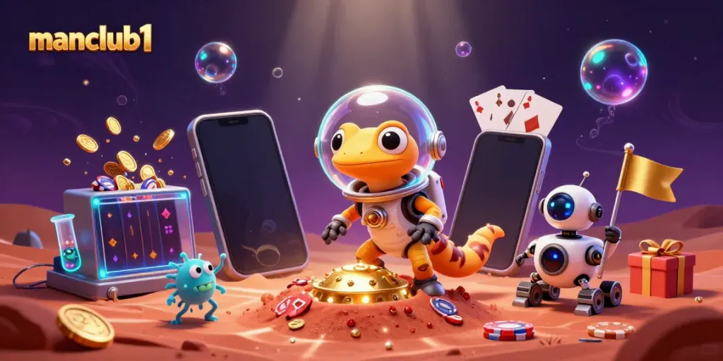 Engage with manclub1's golden casino adventure featuring a Martian gecko and dynamic gaming elements.
