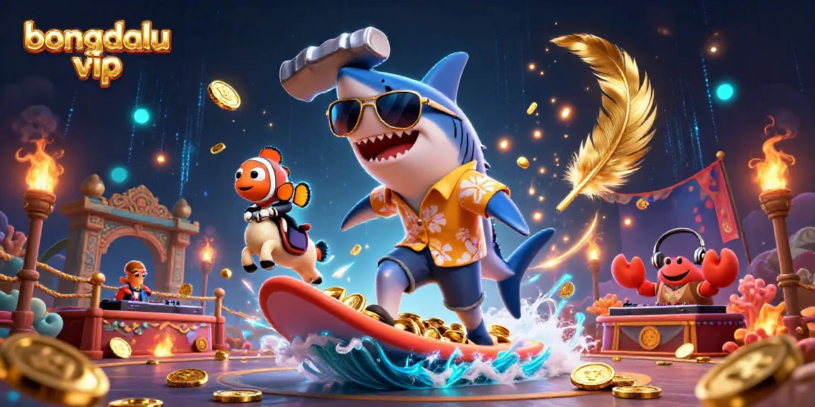 Experience thrilling action with bongdalu vip as the shark surfs on gold coins amidst vibrant casino elements.