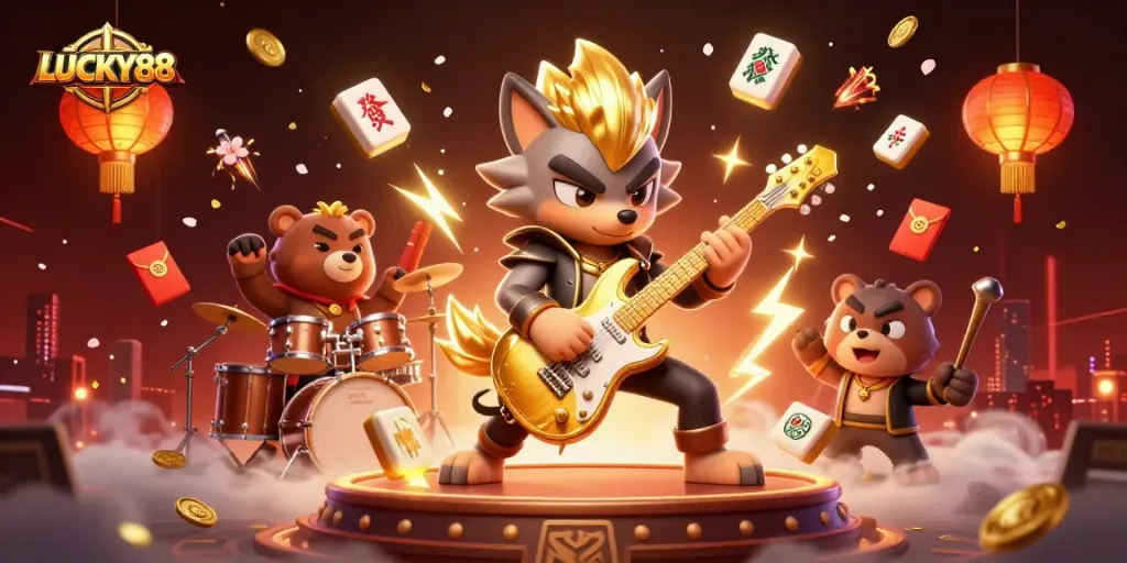 Engage with LUCKY88's vibrant 3D casino illustration featuring festive elements and lively characters.