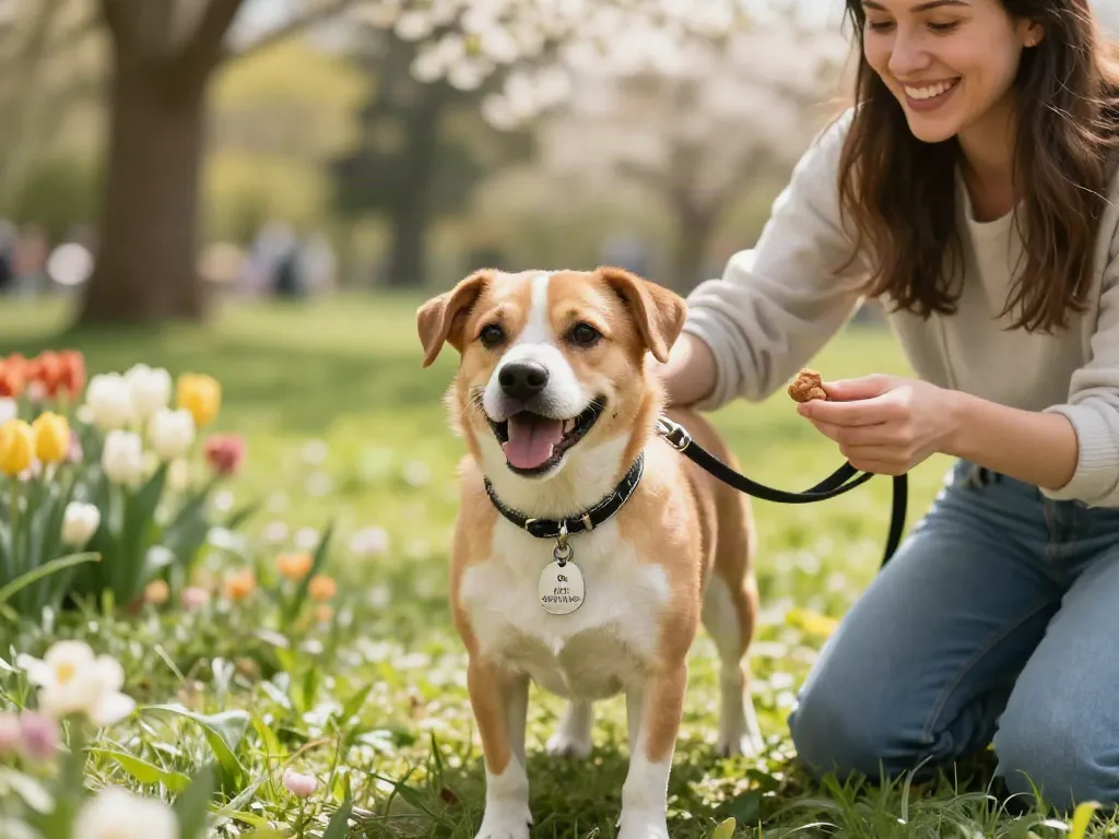 Een gegraveerde hondenpenning op een blije hond in een zonnig park.