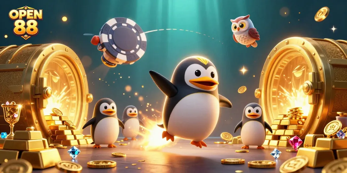 Experience the excitement of OPEN 88 as the golden penguin navigates a cosmic casino adventure.