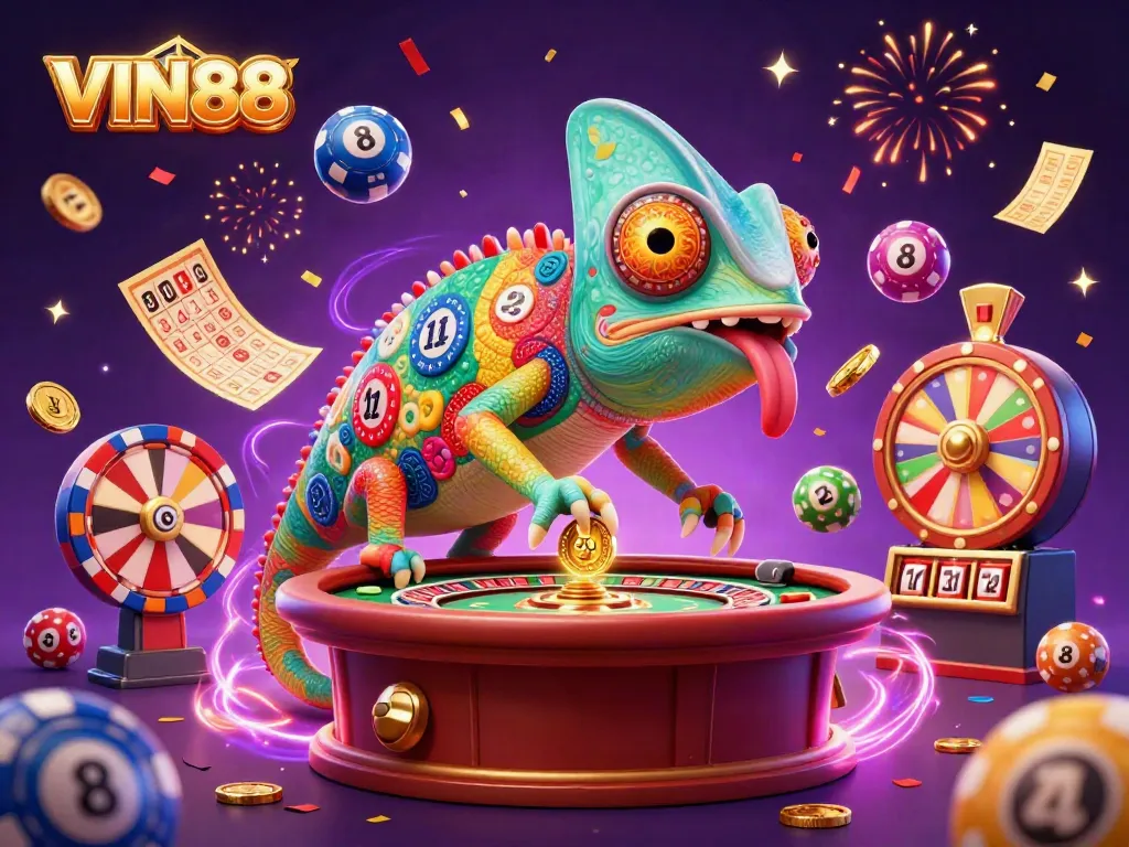 Engage with VIN88's thrilling casino experience featuring a dynamic chameleon owner and vibrant gameplay elements.