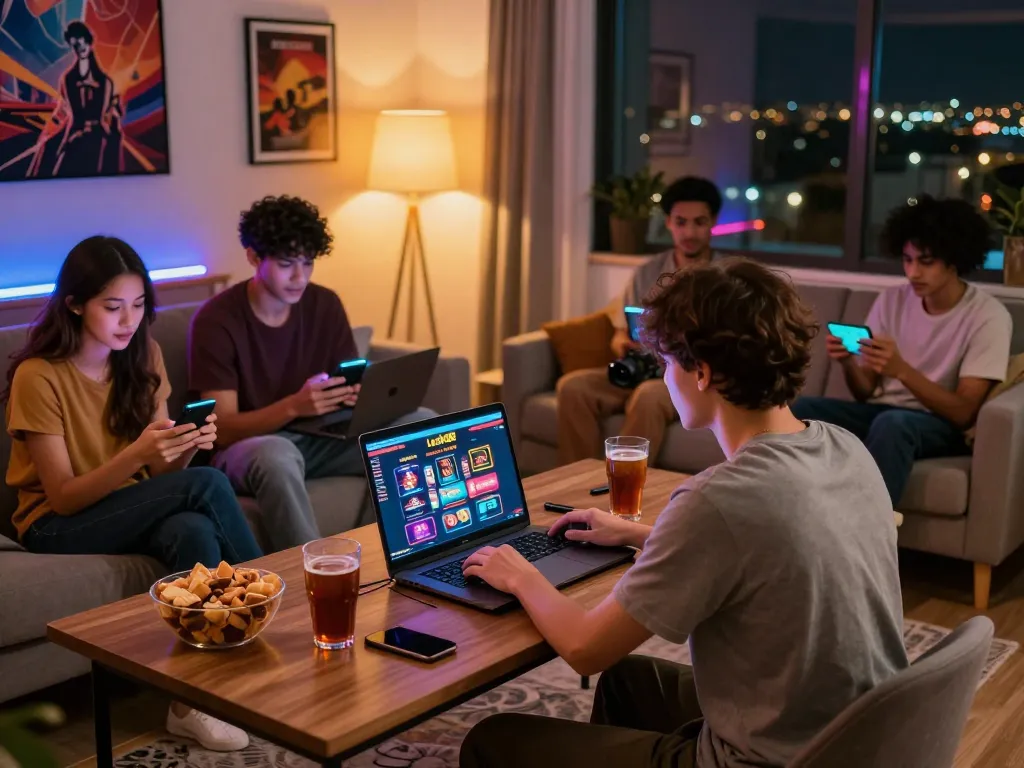 Link truy cập Lucky88 - online gaming friends enjoying a virtual casino experience with a laptop and smartphones.