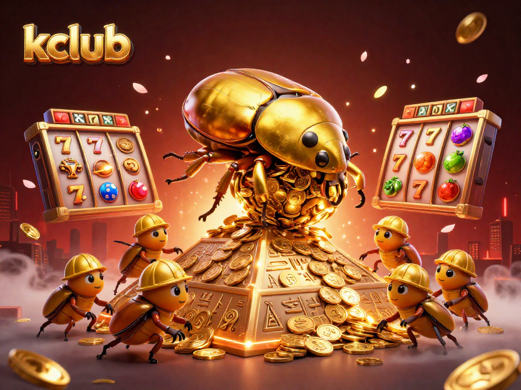 Experience thrilling play at kclub with vibrant slot reels and golden beetles in a lively casino scene.