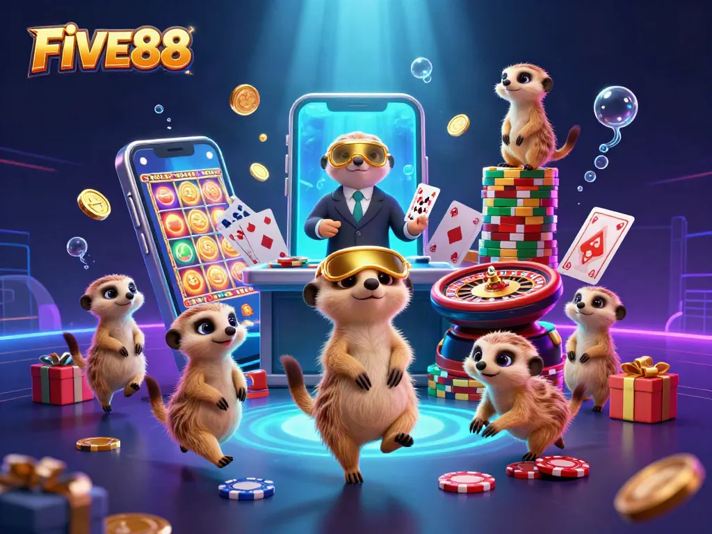 Experience vibrant gaming at FIVE88 with meerkats enjoying slot machines and casino games in a colorful scene.