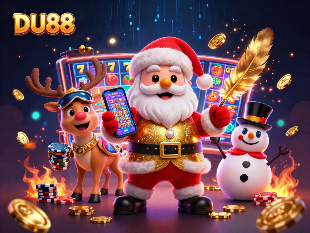 Join DU88 for thrilling jackpots with Santa and friends as they celebrate winning at the casino.