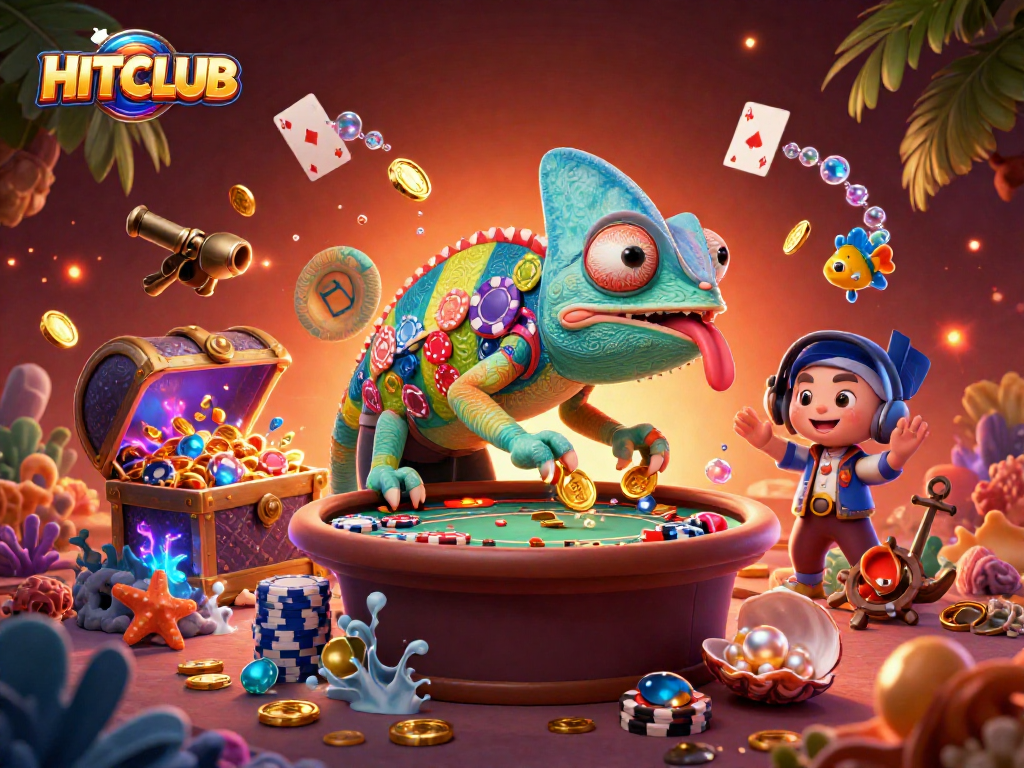 Experience the vibrant HITCLUB casino world with dynamic elements and a captivating chameleon owner.