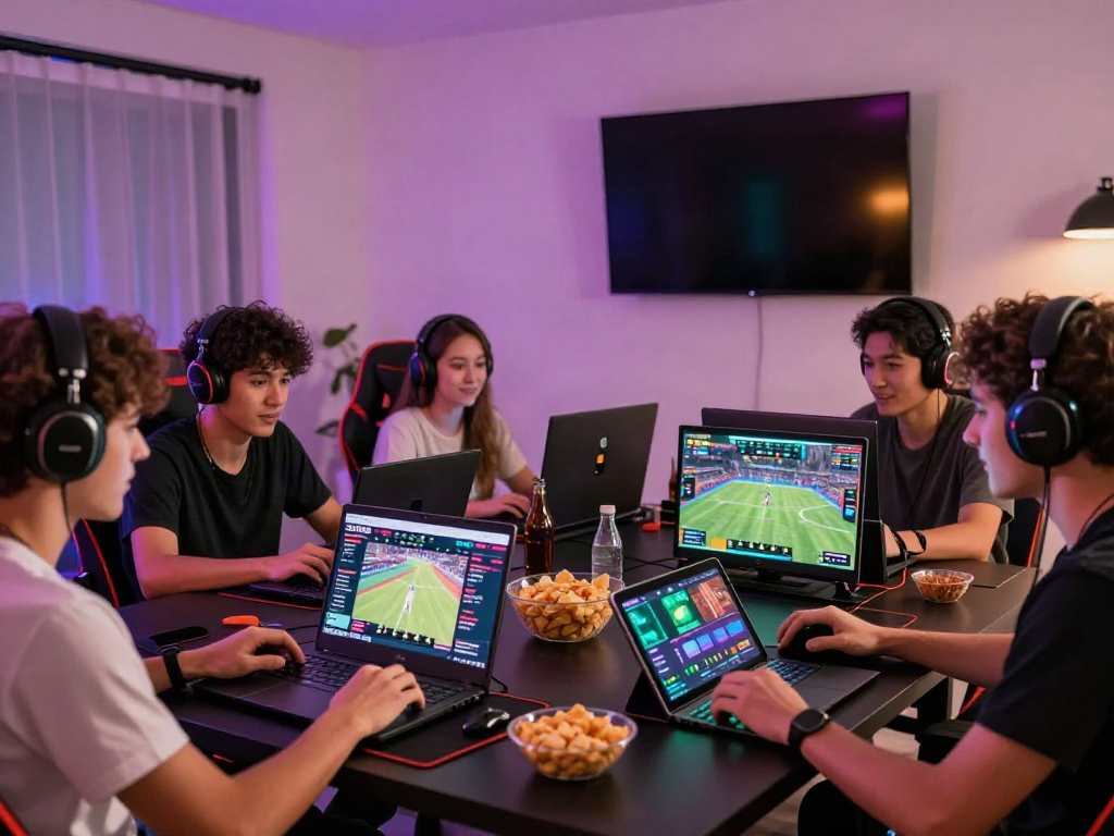 Group enjoying online gaming at https://playsv88.net/ with vibrant LED lights and dynamic atmosphere.