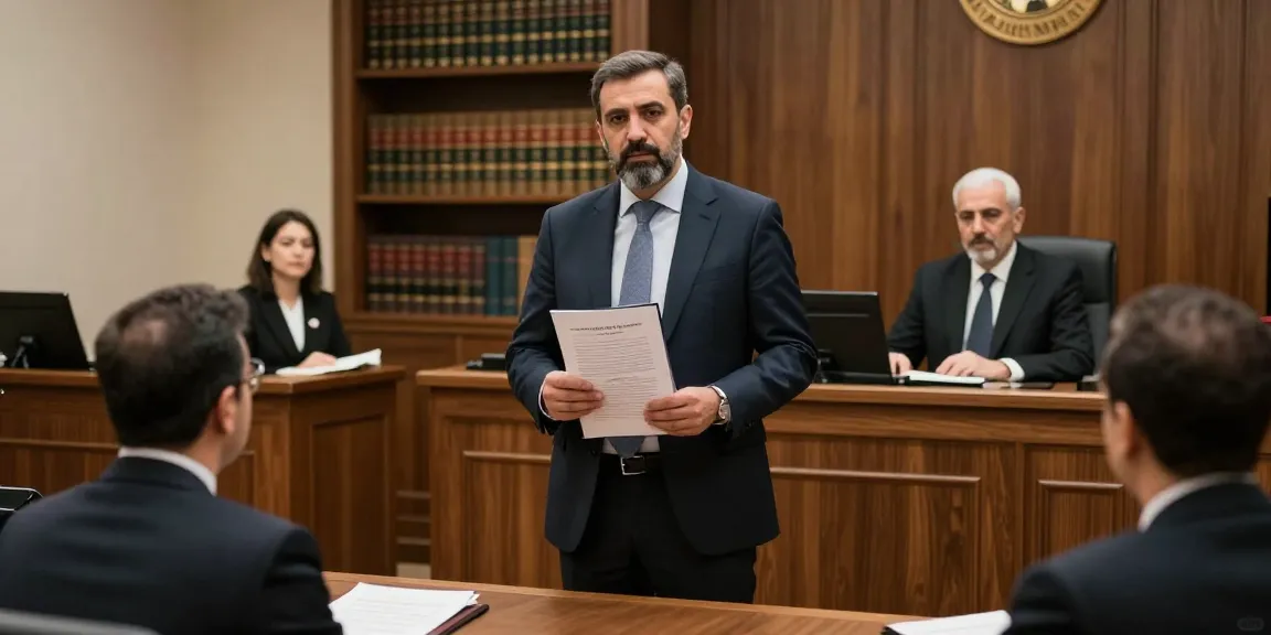Turkish lawyer presenting a case in a professional courtroom setting, conveying legal authority.