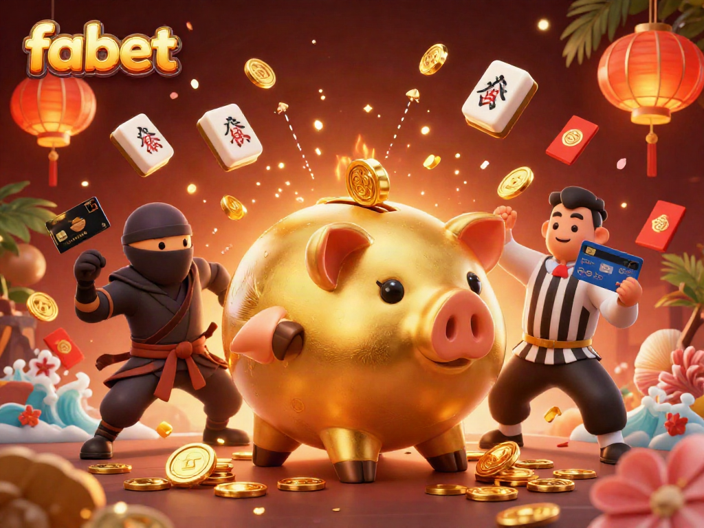 Experience the thrilling action at fabet with an energetic scene showcasing a playful golden piggy bank sumo wrestler and ninja.
