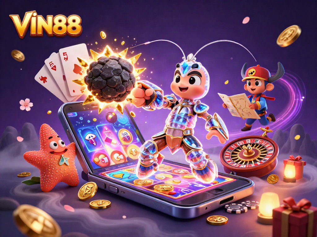 Experience excitement at VIN88 with a galactic samurai shrimp breaking through an asteroid, surrounded by dynamic casino elements.