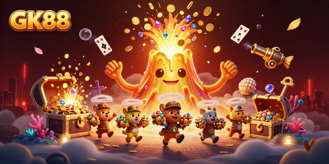 Experience the excitement at GK88 with a golden volcano erupting gems and treasure, showcasing thrilling gambling adventure.