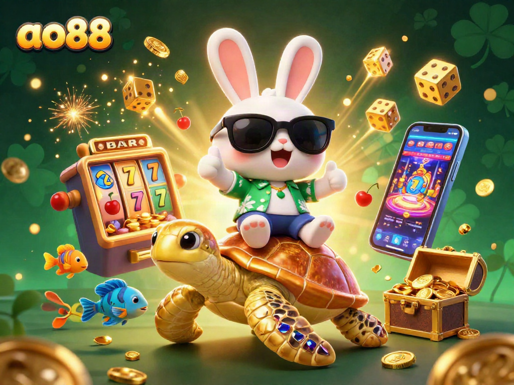 Join the action at ao88 with the lucky rabbit and golden turtle amidst a jackpot celebration