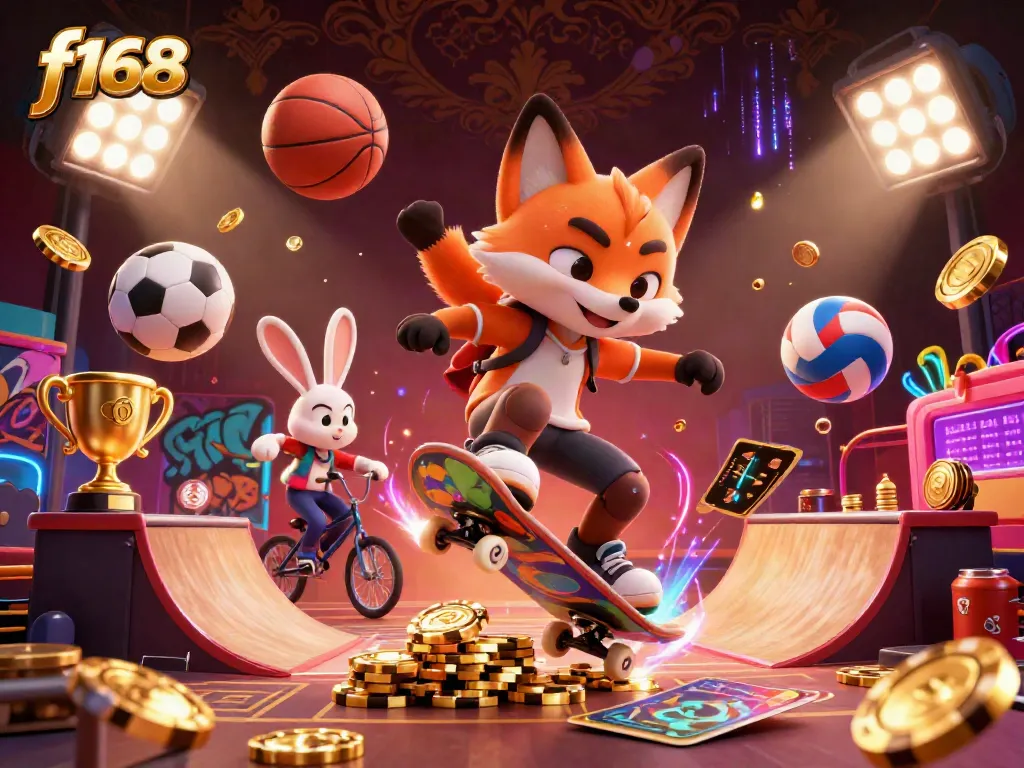 Experience thrilling moments at f168 casino as a skateboarder fox and rabbit execute tricks in a vibrant gambling scene.