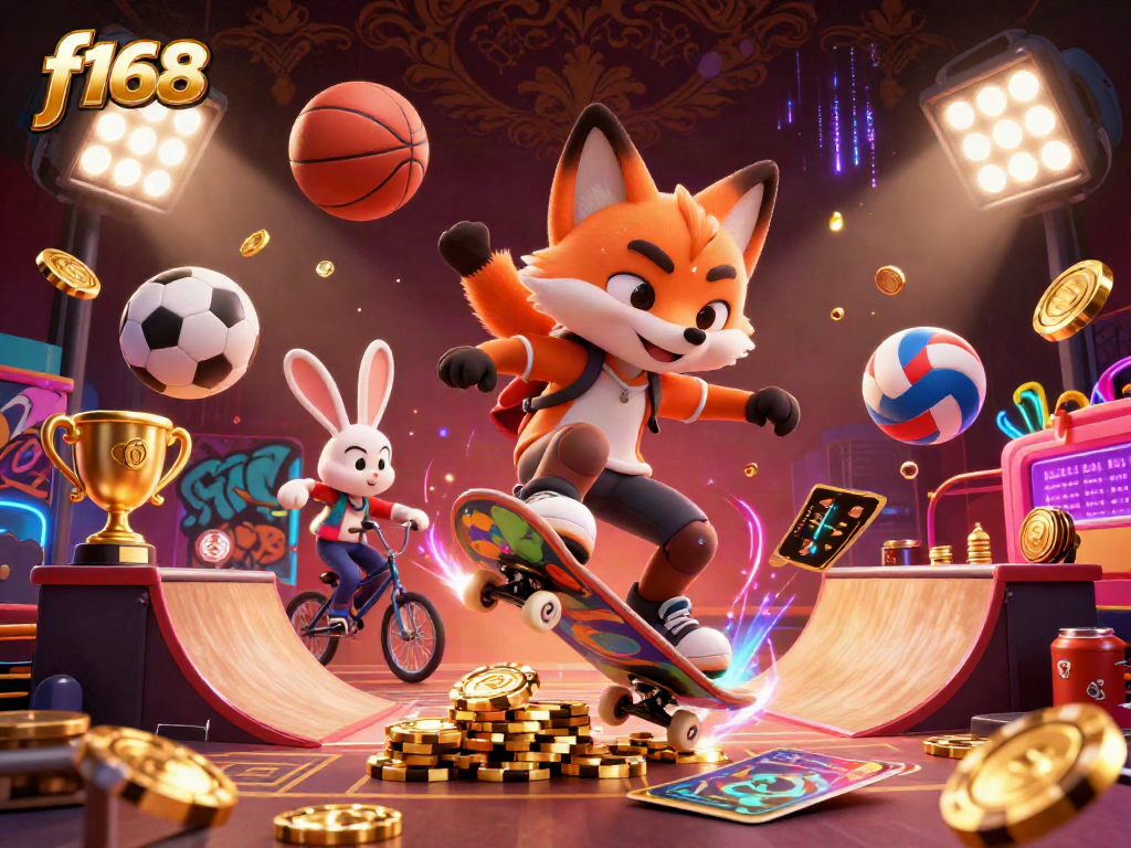 Experience thrilling moments at f168 casino as a skateboarder fox and rabbit execute tricks in a vibrant gambling scene.