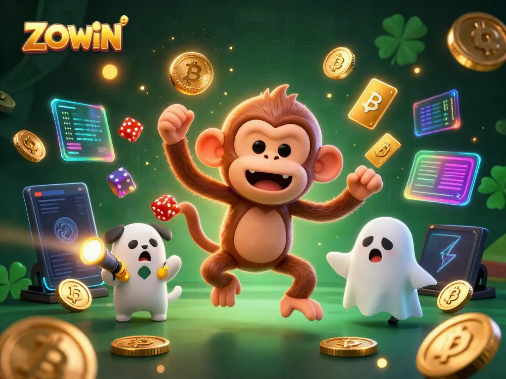 Engage in thrilling gaming at ZOWIN with vibrant 3D visuals of a mischievous monkey juggling coins in a haunted casino.