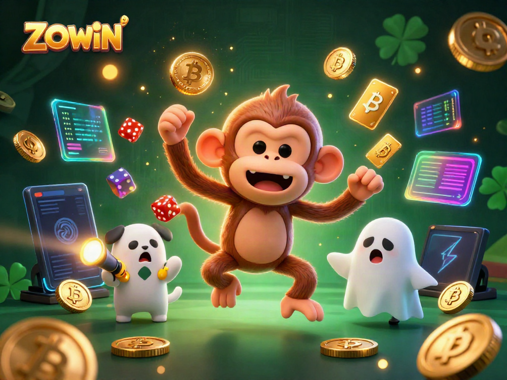 Engage in thrilling gaming at ZOWIN with vibrant 3D visuals of a mischievous monkey juggling coins in a haunted casino.