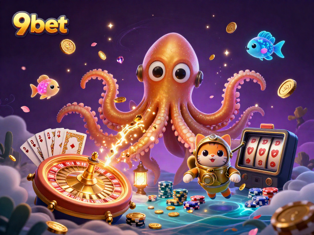 Experience thrilling games at 9bet with a vibrant underwater scene filled with a kraken, a diving cat, and casino elements.