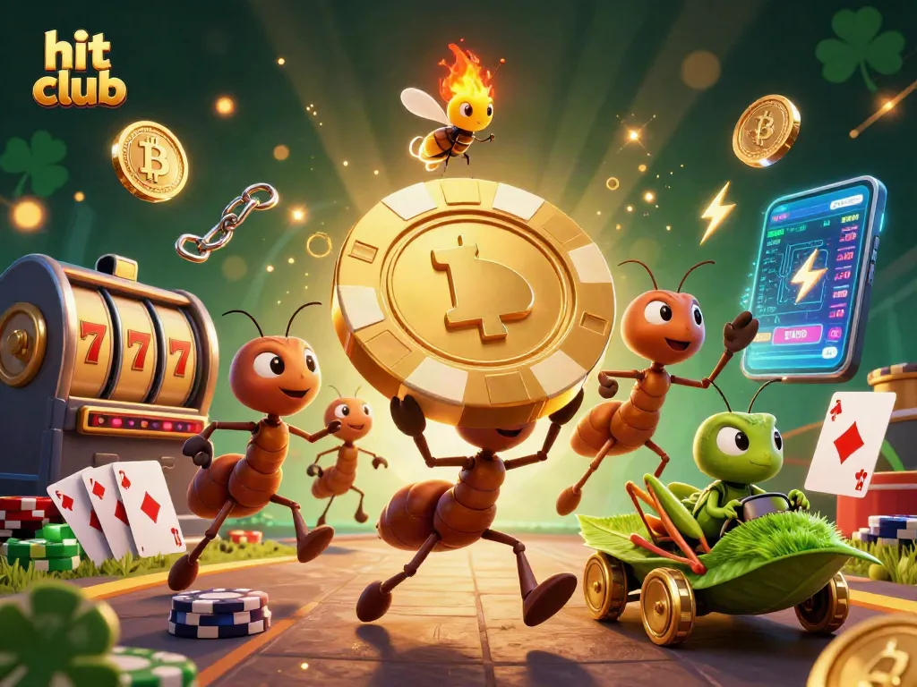 Hit club team of ants executing a casino heist amidst vibrant gaming elements and crypto coins.