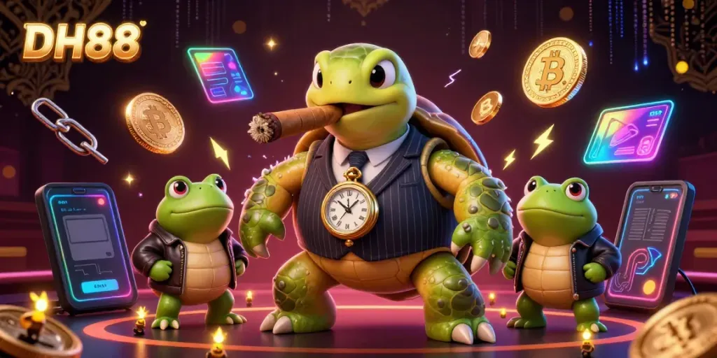 Experience the thrill of DH88 with a cartoon turtle and bullfrog enforcers in a vibrant casino scene.