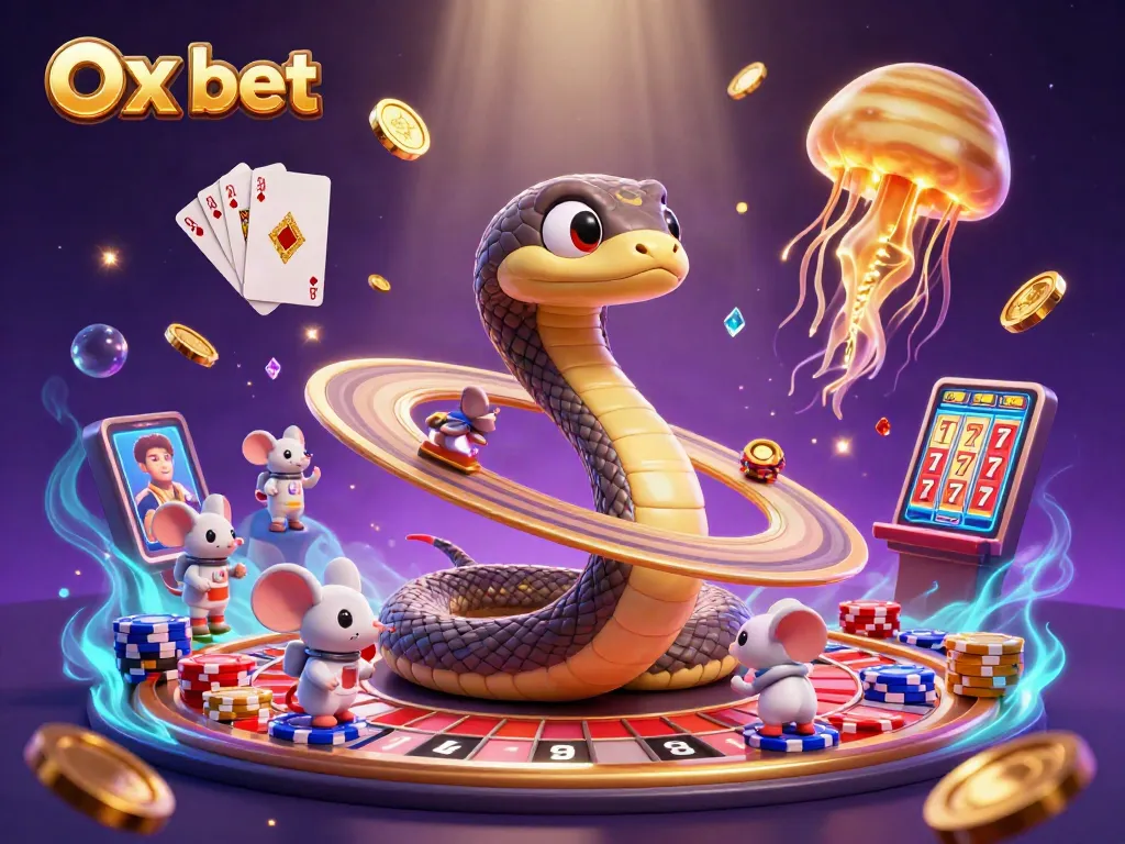Bet with Ox bet as a cosmic dealer orchestrates a vibrant casino scene filled with games.