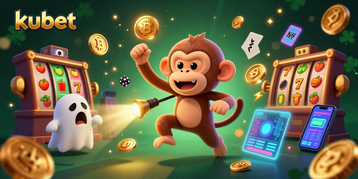 Kubet casino scene featuring a mischievous monkey juggling coins and a curious puppy tracking it, showcasing vibrant slot reels.