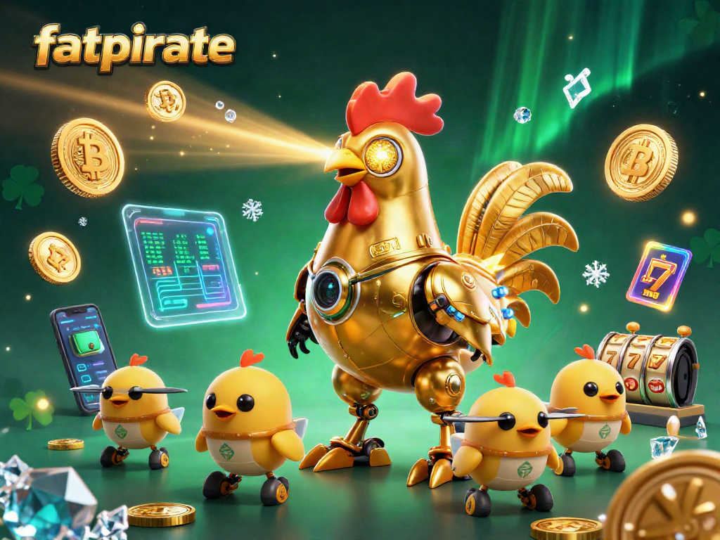 Play immersive casino games with fatpirate's golden rooster robot and baby chick drones in a vibrant scene.