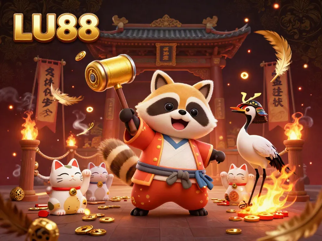 Engage with LU88’s vibrant scene showcasing a lucky tanuki, gold coins, and festive atmosphere.