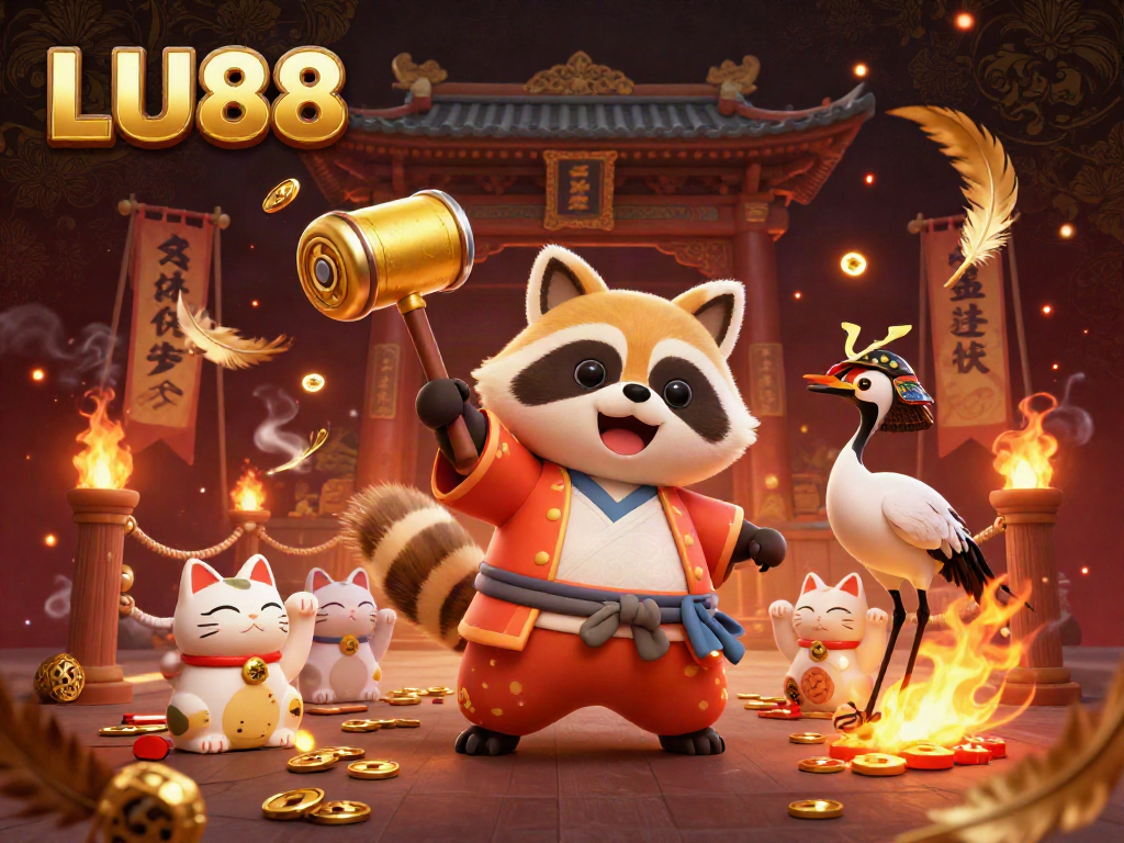 Engage with LU88’s vibrant scene showcasing a lucky tanuki, gold coins, and festive atmosphere.