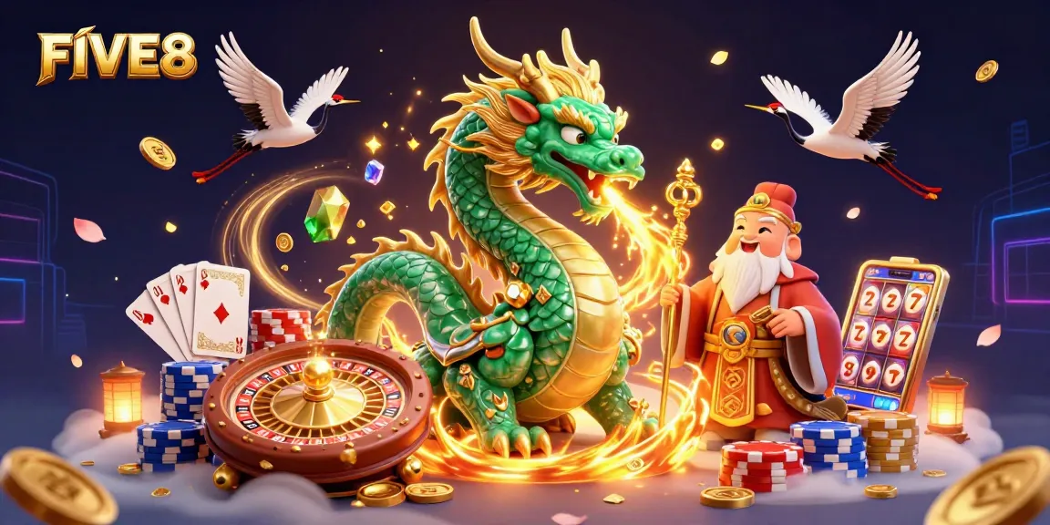 Engage with the thrilling FIVE88 casino illustration featuring a jade dragon, turtle sage, and lucky cranes amidst dynamic gambling elements.