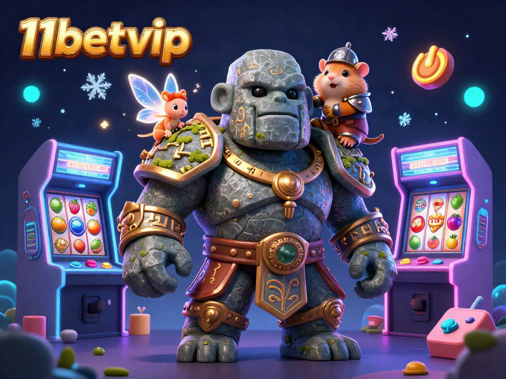 Experience thrilling gameplay with 11betvip's vibrant stone golem, fairy, and hamster knight in a casino atmosphere.