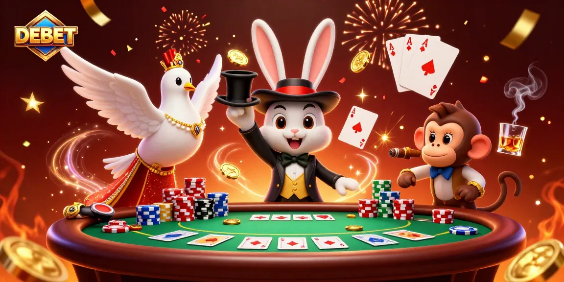 Engage with DEBET's vibrant casino scene featuring magical characters and dynamic poker action.