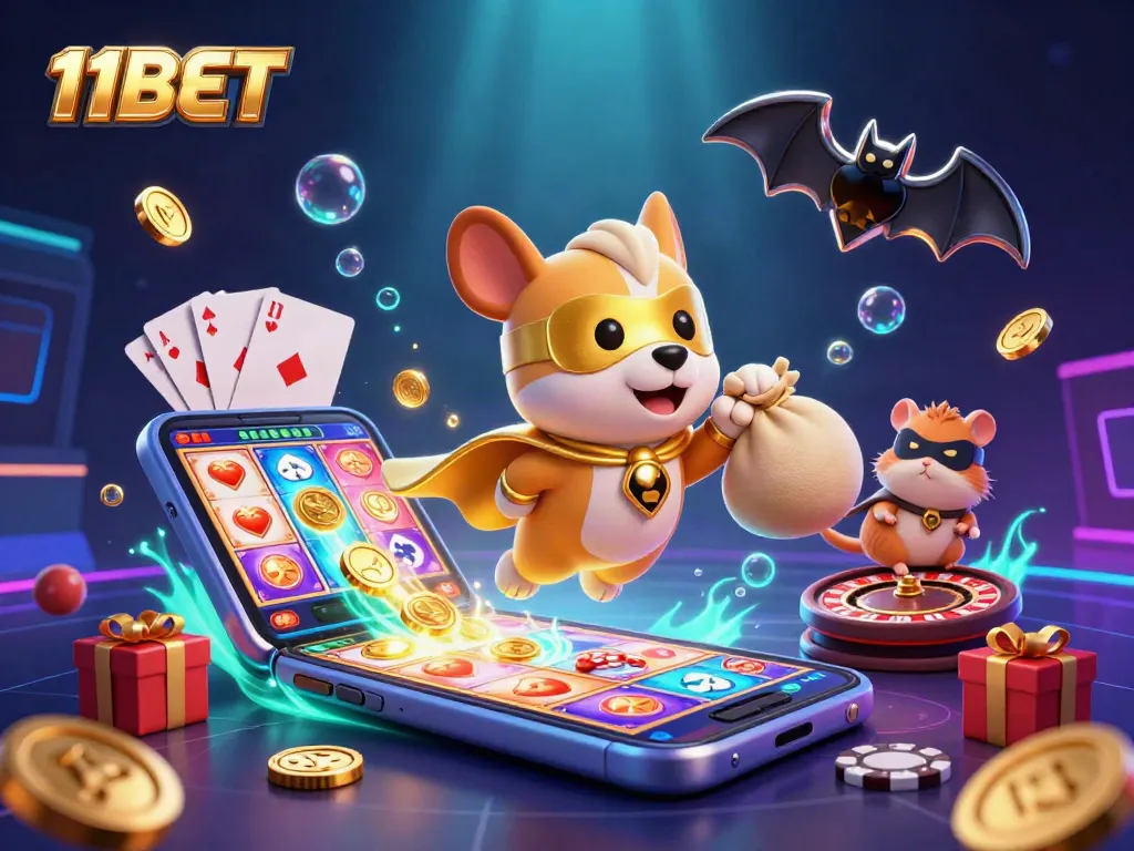 Unleash winning strategies at 11BET with vibrant casino-themed 3D illustration showcasing action-packed gameplay.