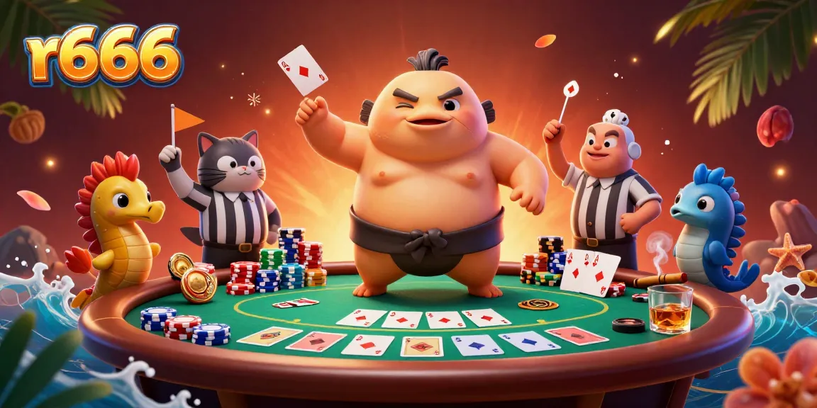 Experience r666 gameplay with an engaging underwater casino featuring a fugu and vibrant poker elements.