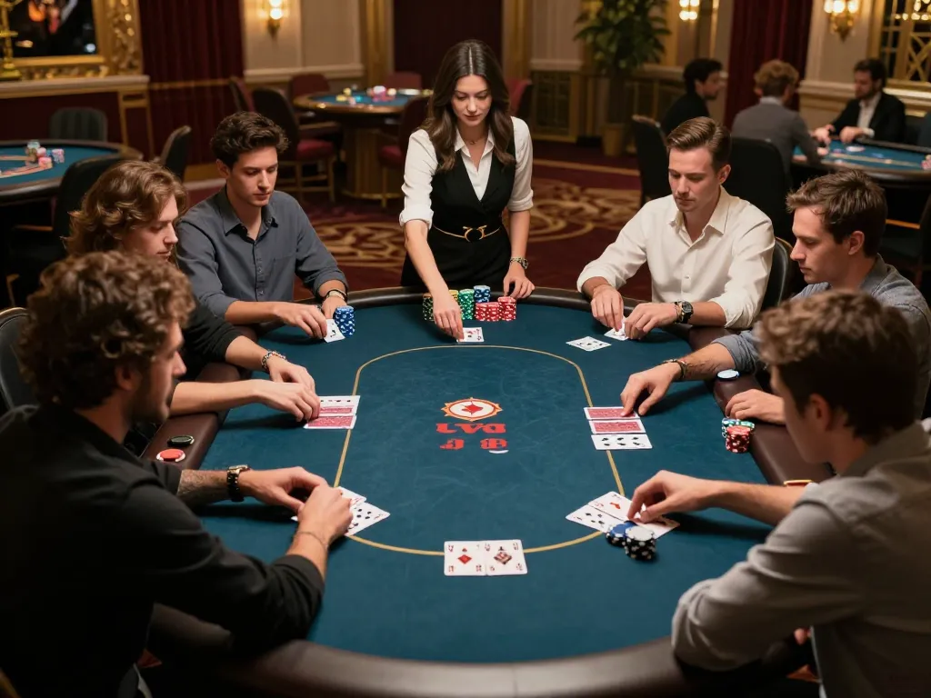 Five88 players placing bets at an intense poker game, showcasing excitement and strategy