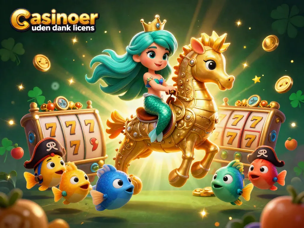 Engage with casinoer uden dansk licens through vibrant slot reels and animated characters in a magical scene.