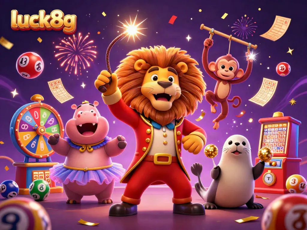 Experience the excitement of luck8g with vibrant circus characters, colorful lottery elements, and dynamic casino fun.