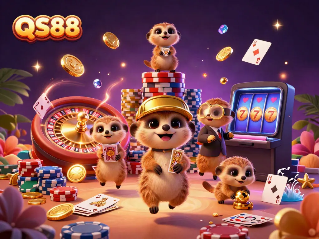 Experience thrilling casino action with QS88's meerkat pit bosses, vibrant chips, and rich gold elements.