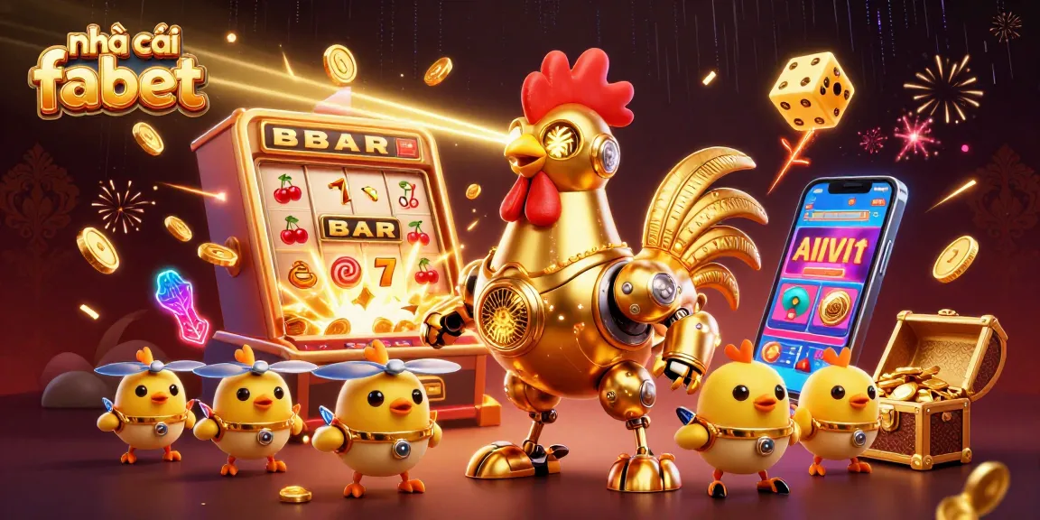 Experience the excitement at nhà cái fabet with vibrant 3D casino elements and a golden rooster robot.