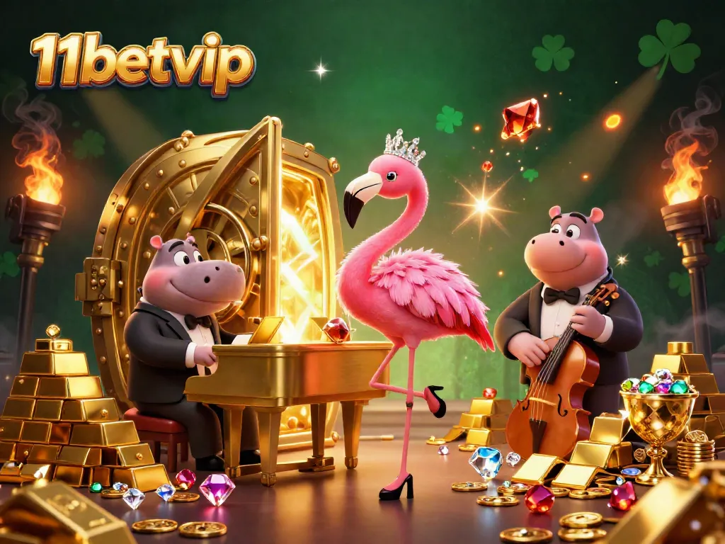 Experience the excitement at 11betvip with a vibrant casino scene highlighting a flamingo singer and hippo bassist amid treasures.