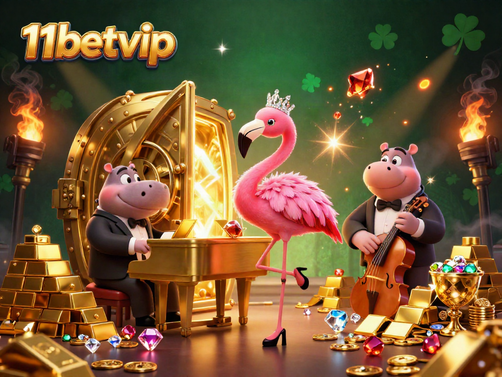 Experience the excitement at 11betvip with a vibrant casino scene highlighting a flamingo singer and hippo bassist amid treasures.